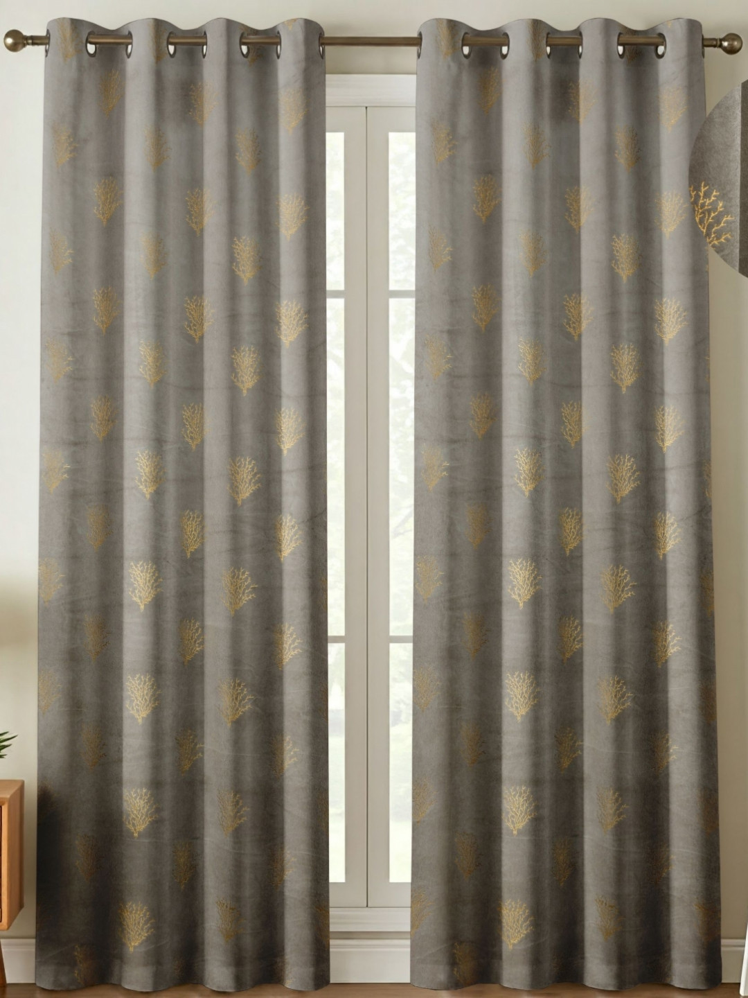 GEET CREATIONS Grey And Gold Toned 2 Pieces Room Darkening Velvet Window Curtains