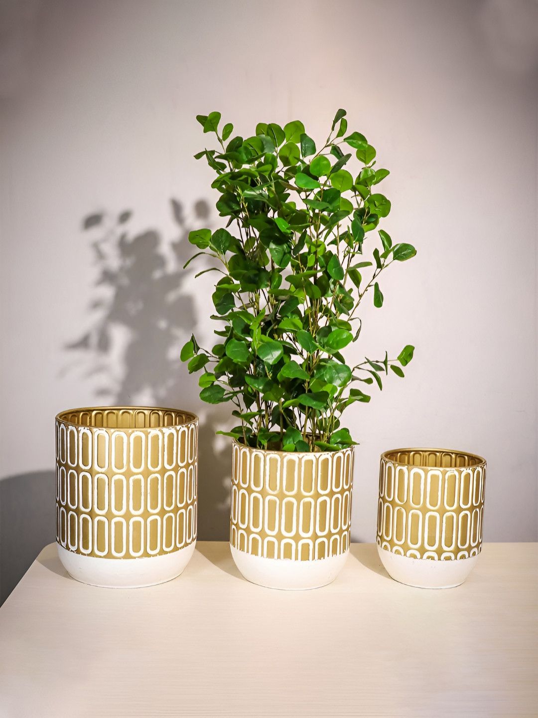Art Street Yellow & White 3 Pieces Geometric Pattern Planters