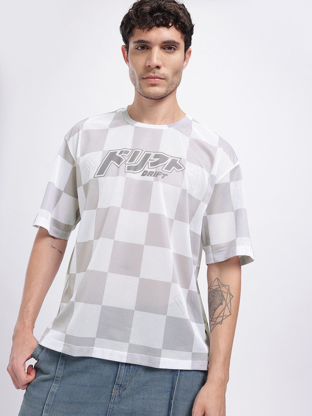 glitchez Geometric Checked Typography T-shirt with Mesh Inserts
