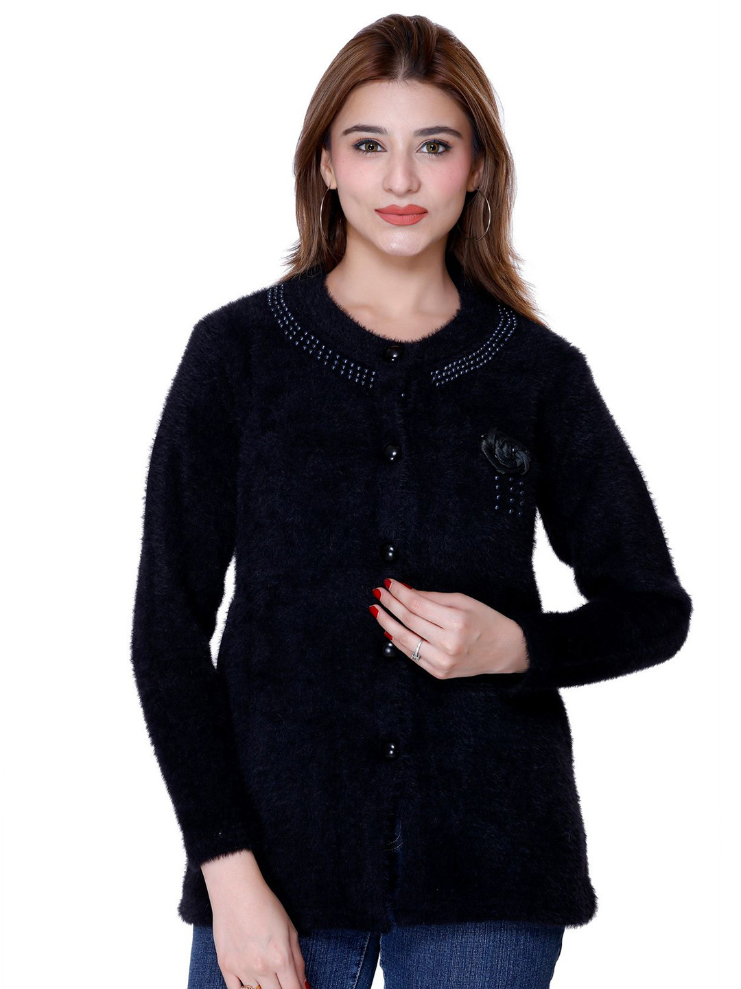 FASHSTORE Women Woollen Cardigan with Applique Detail