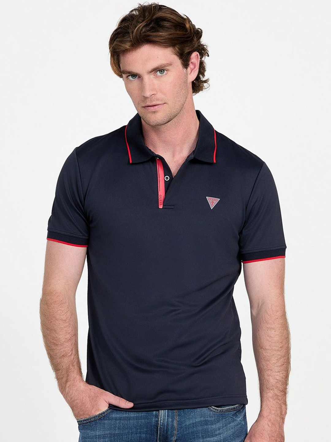 GUESS Brand Logo Printed Polo Collar Slim Fit T-shirt