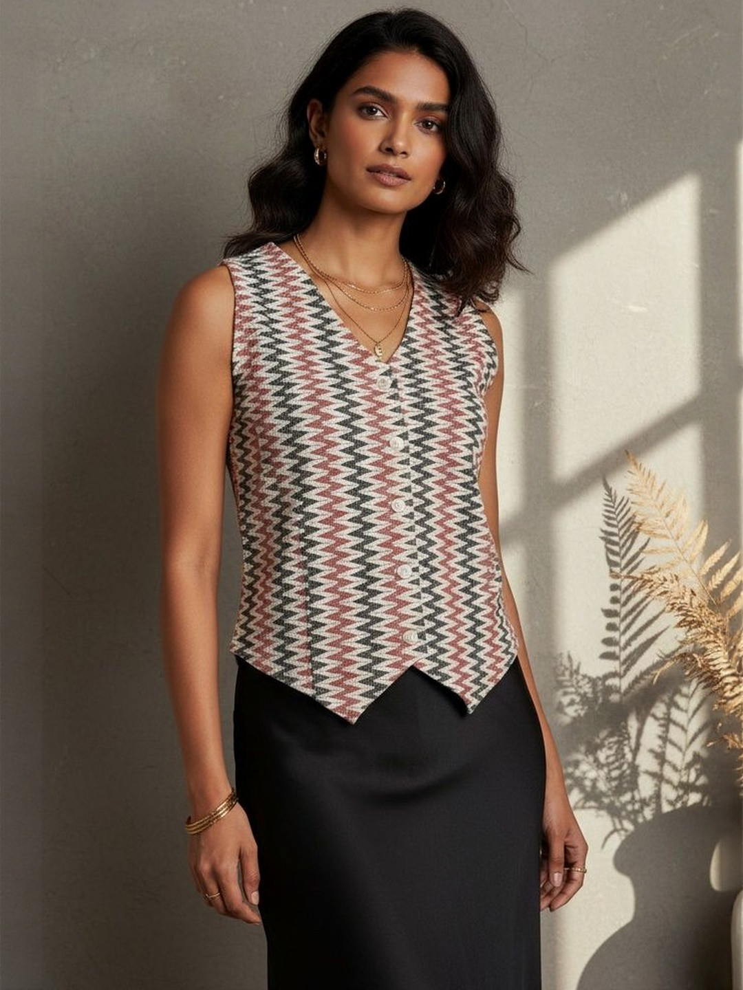 R.Code by The Roadster Life Co. Women Geometric Printed Cotton Waistcoat Vest Top
