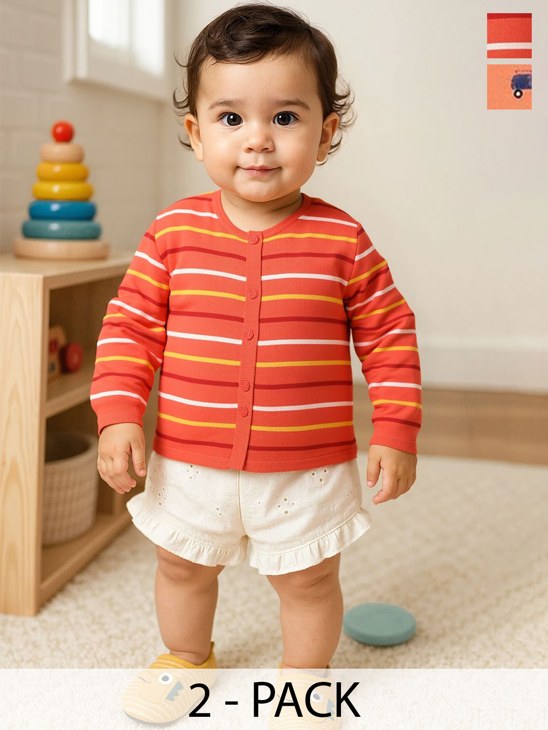 MINI KLUB Infant Boys Pack Of 2 Car Printed & Striped Cotton Front Open Jhabla