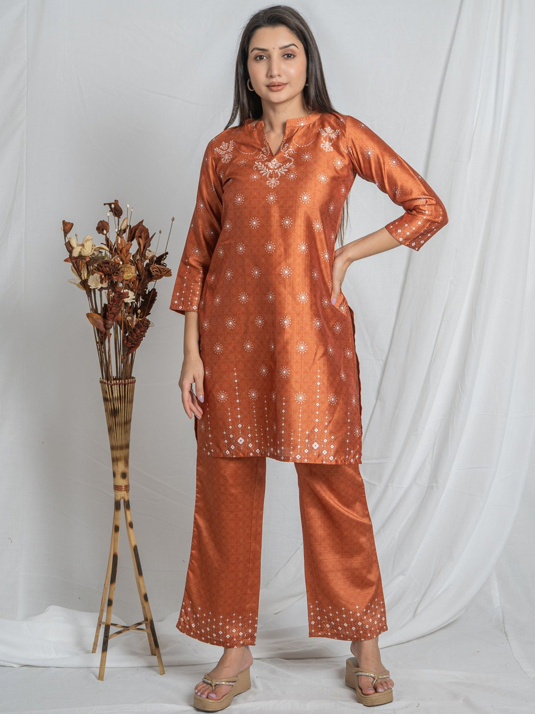 Noia Printed Mandarin Collar Tunic With Trousers