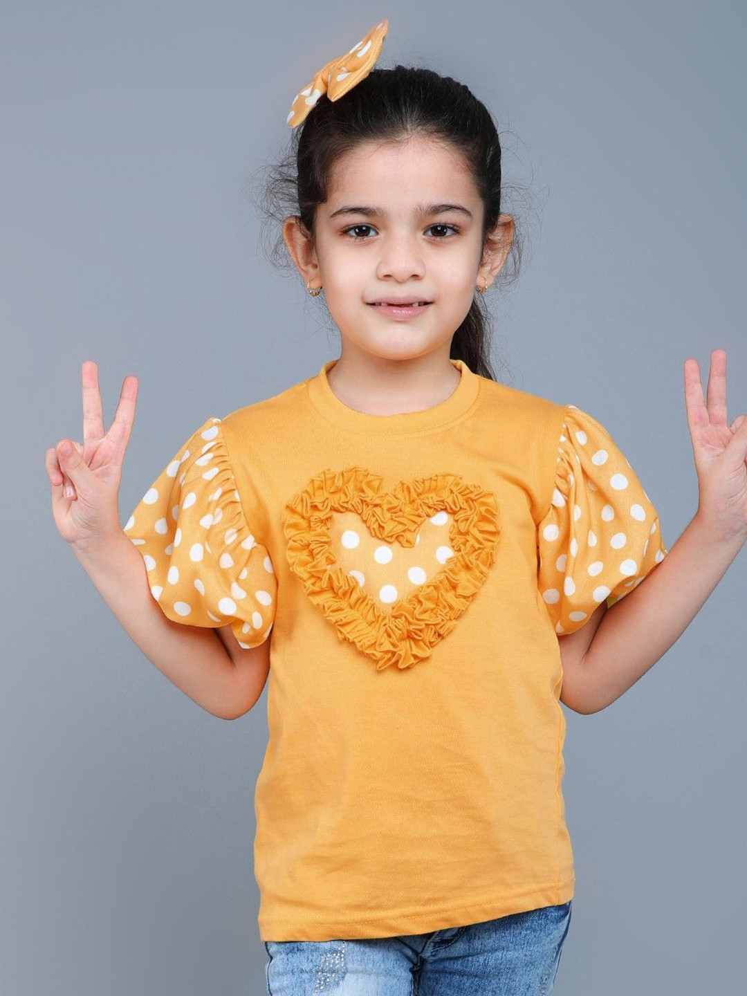 Pink Chick Vibe Tee Girls Self Design Puff Sleeves Cotton Tshirt With Hair Clip