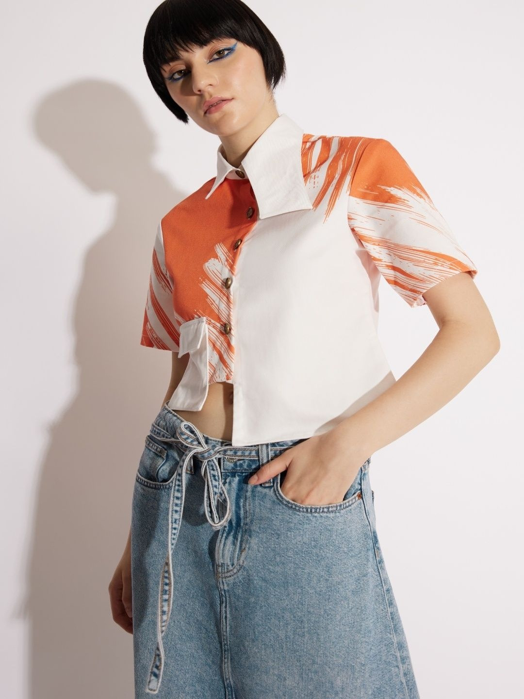 Mismatchd Printed Cotton Shirt Style Crop Top