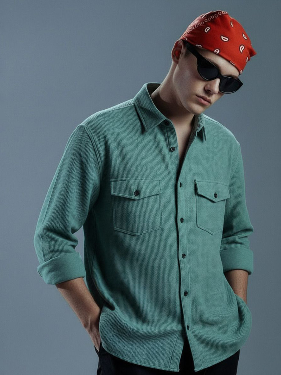 VEYTRO Textured Spread Collar Jacquard Fabric Casual Shirt