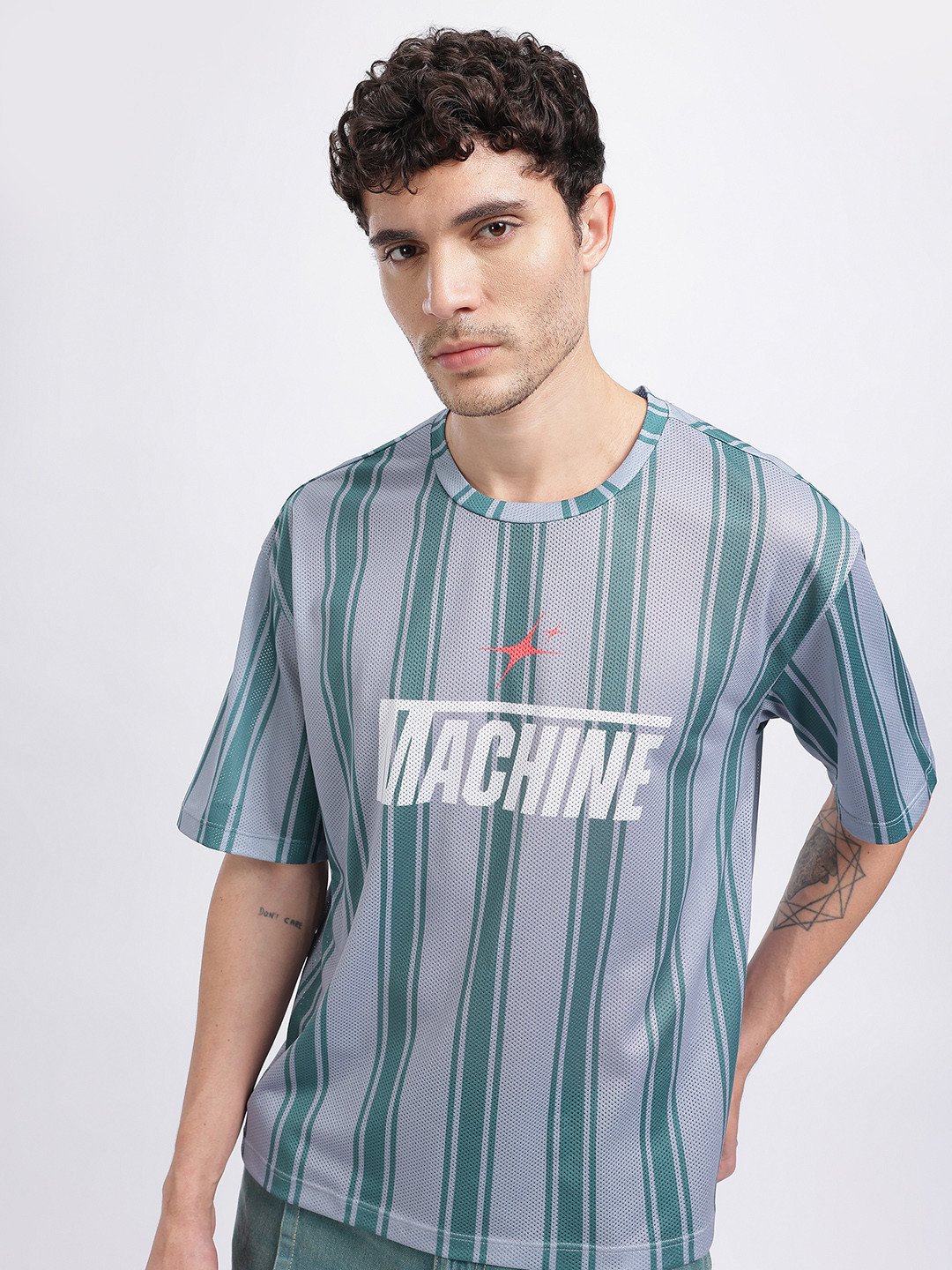 glitchez Striped Oversized Perforated Mesh Paneled T-shirt