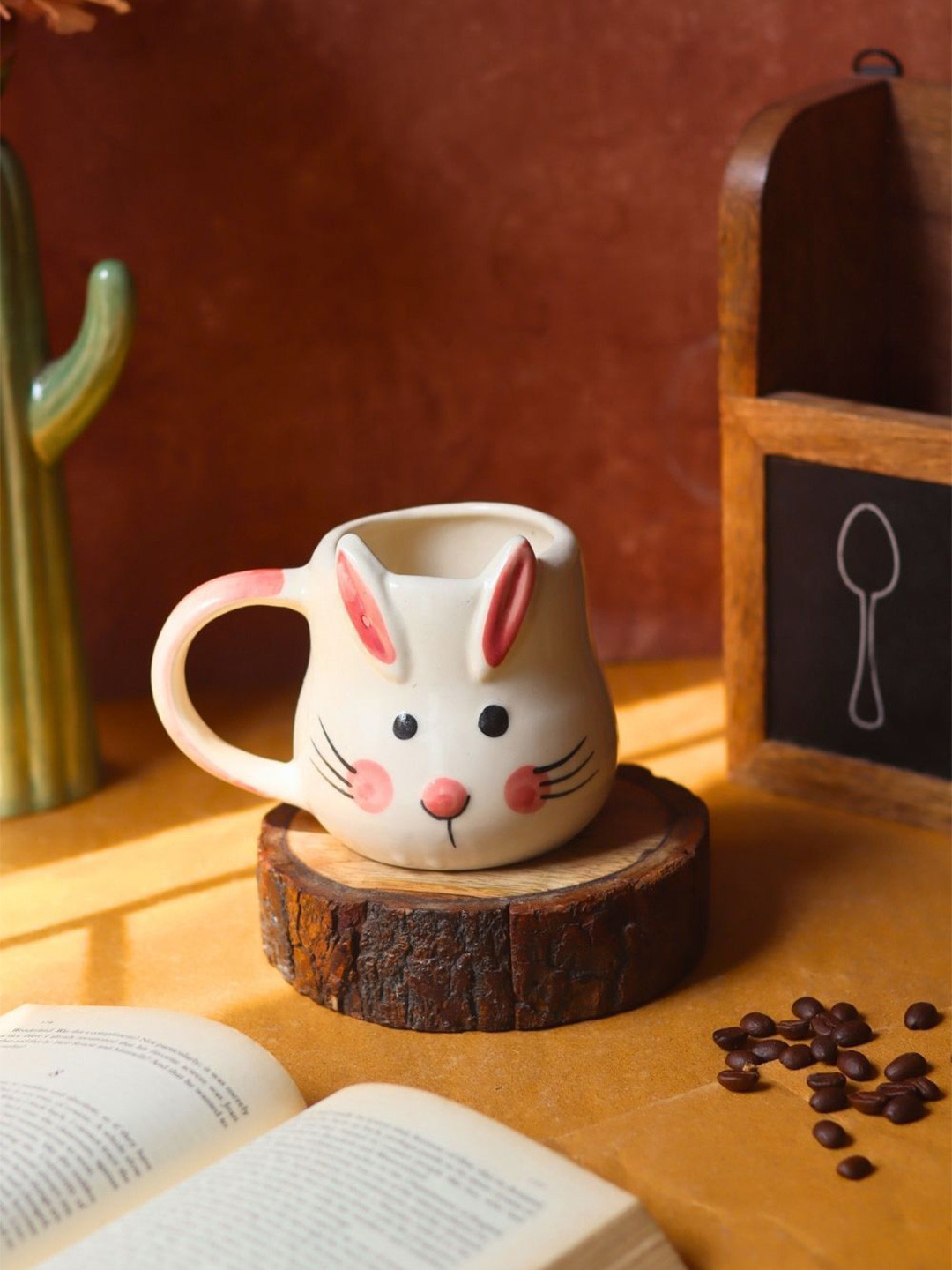 WEAVING HOMES White & Pink Bunny Printed Ceramic Glossy Mug-250 ml