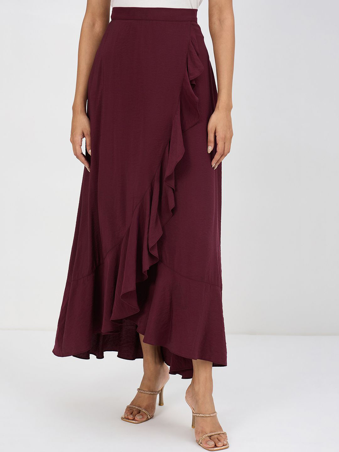 FEMMELLA Women Wrap Ruffle Detail Asymmetric Maxi Skirt