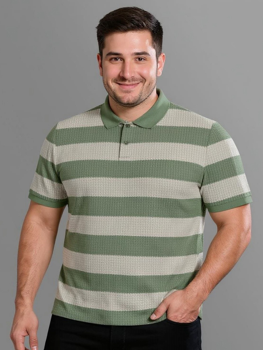 BULLMER Plus Size Striped Polo Collar T-shirt