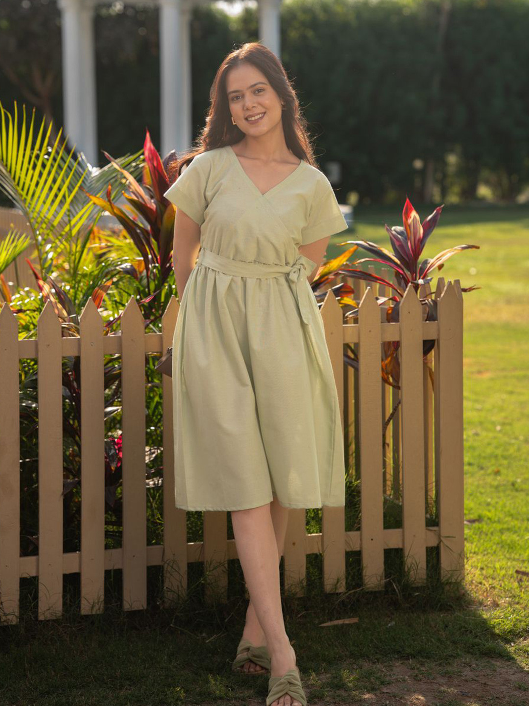 Meeshara Solid  Belted Linen Wrap Dress