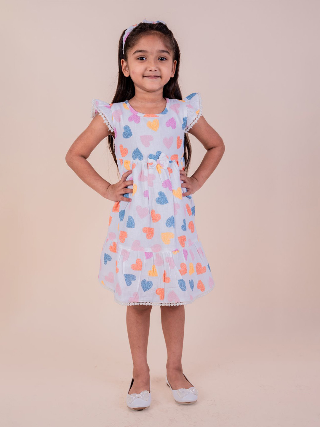 SNUGGLY MONKEY Girls Heart Print Flutter Sleeve Fit & Flare Dress with Matching Hairband