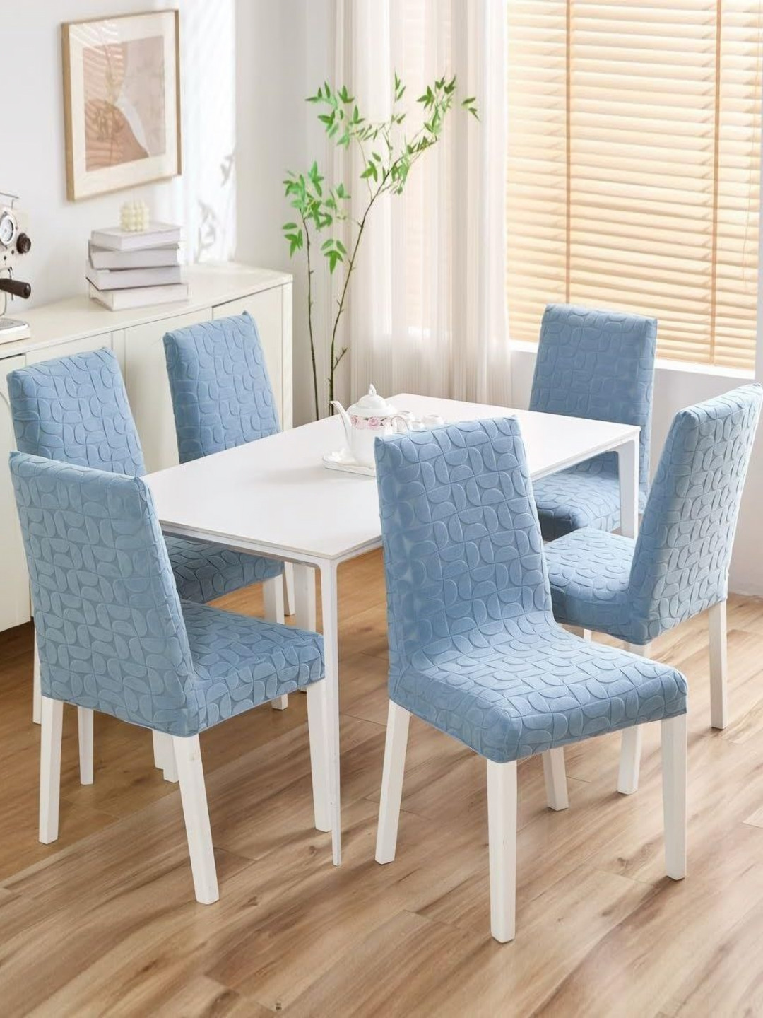HOMETHREADS Blue 8 Pieces Self Designed Jacquard Stretchable Chair Covers