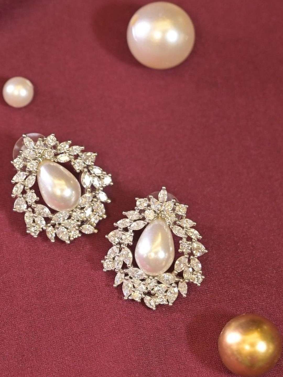 SWAN JEWELS Artificial Stones Studded And Beaded Teardrop Shaped Studs