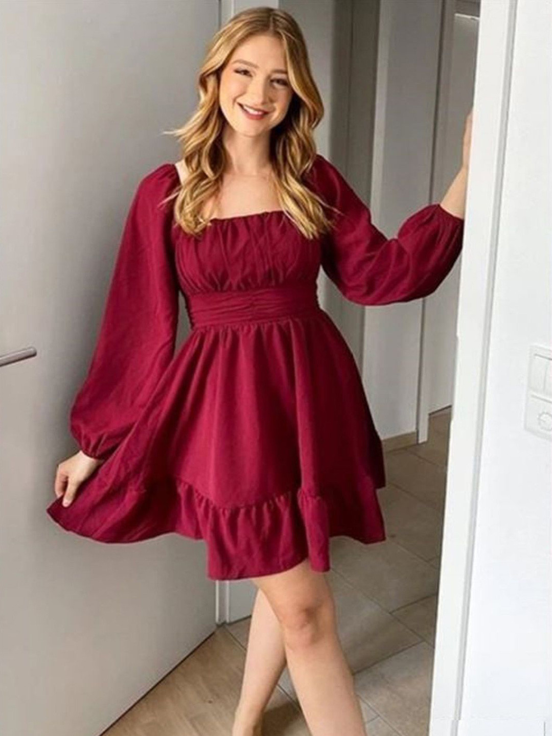 feuty Puff Sleeve Cotton Fit & Flare Mini Dress