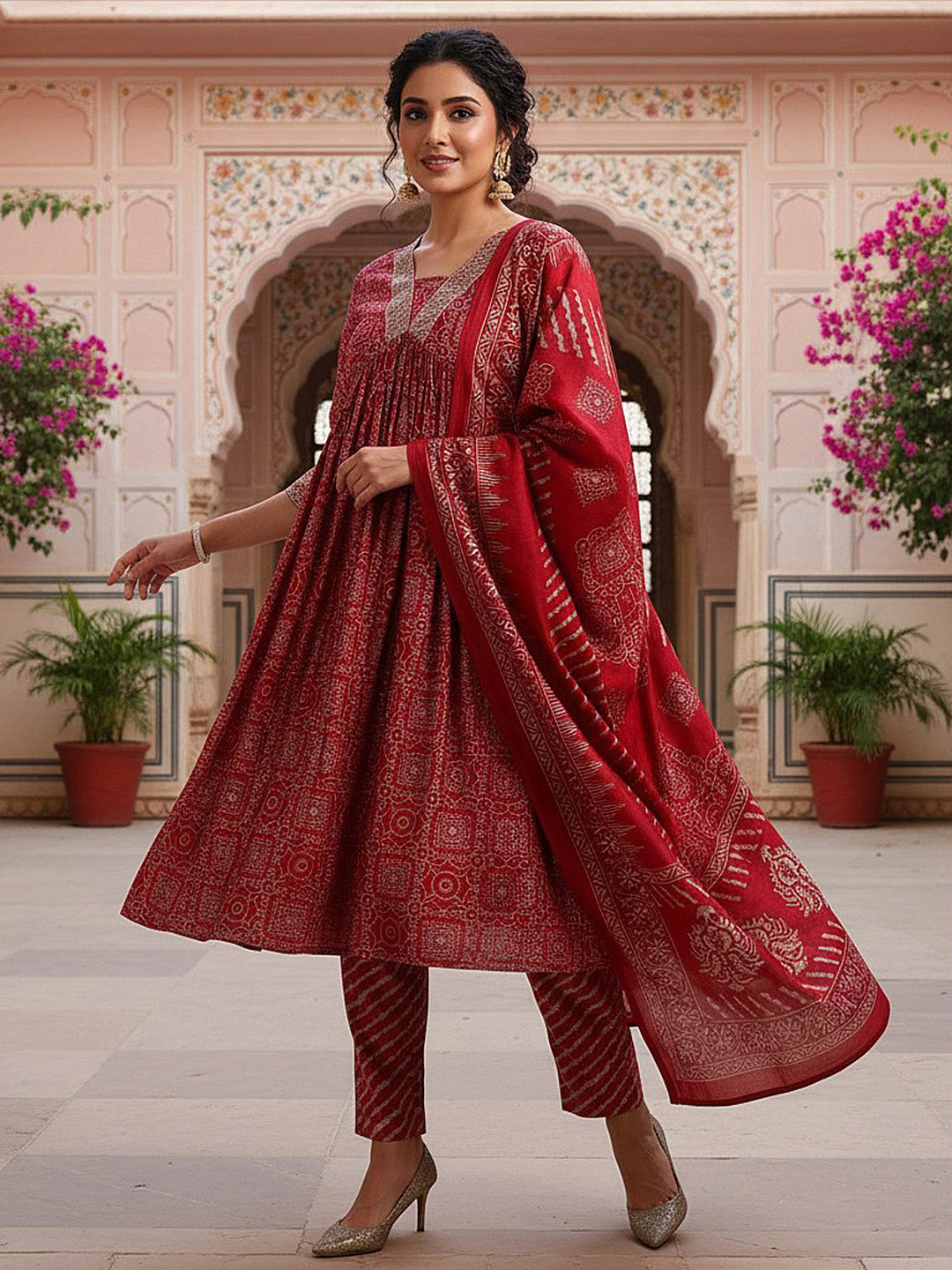 KALINI Ethnic Motifs Printed Zari Empire Anarkali Kurta with Trousers & With Dupatta