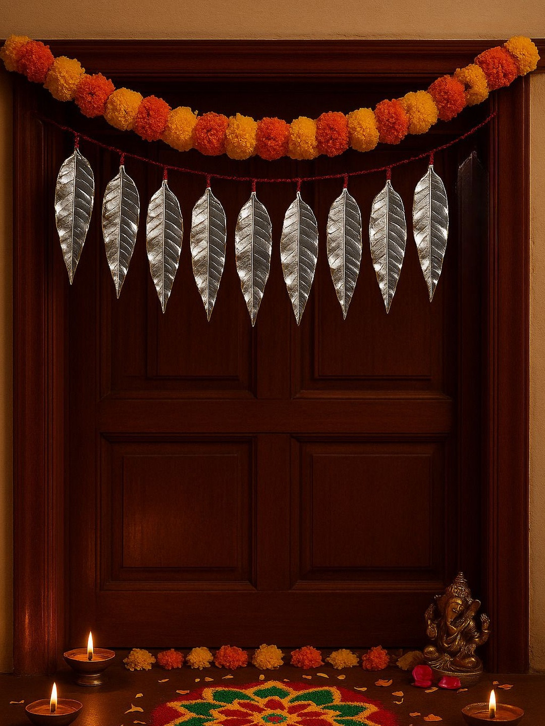 LIGHT JEWELS Silver-Dipped Natural Mango 9 Leaves Toran Set