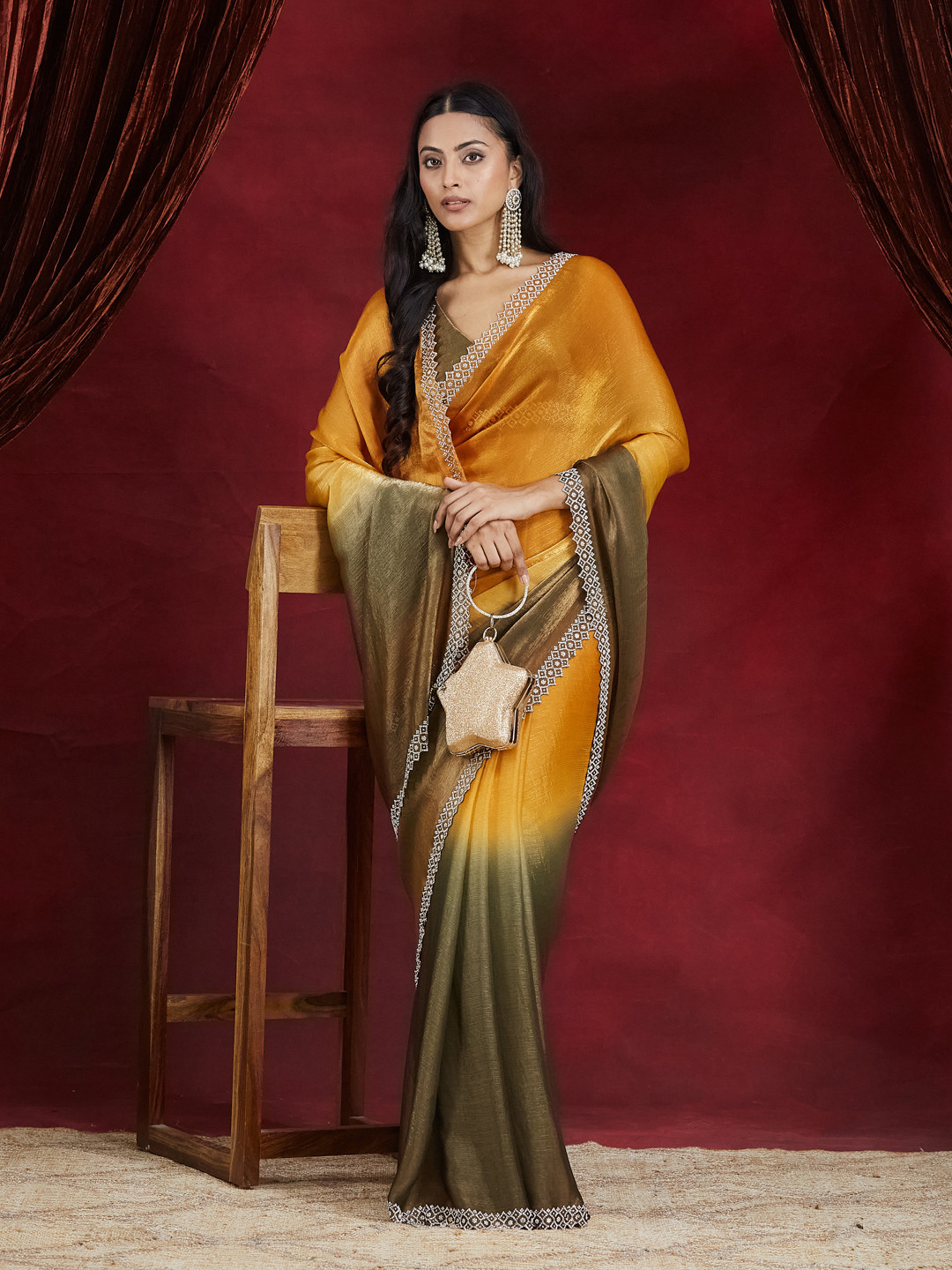 kasee OmbreDyed Beads and Stones Embroidered Saree
