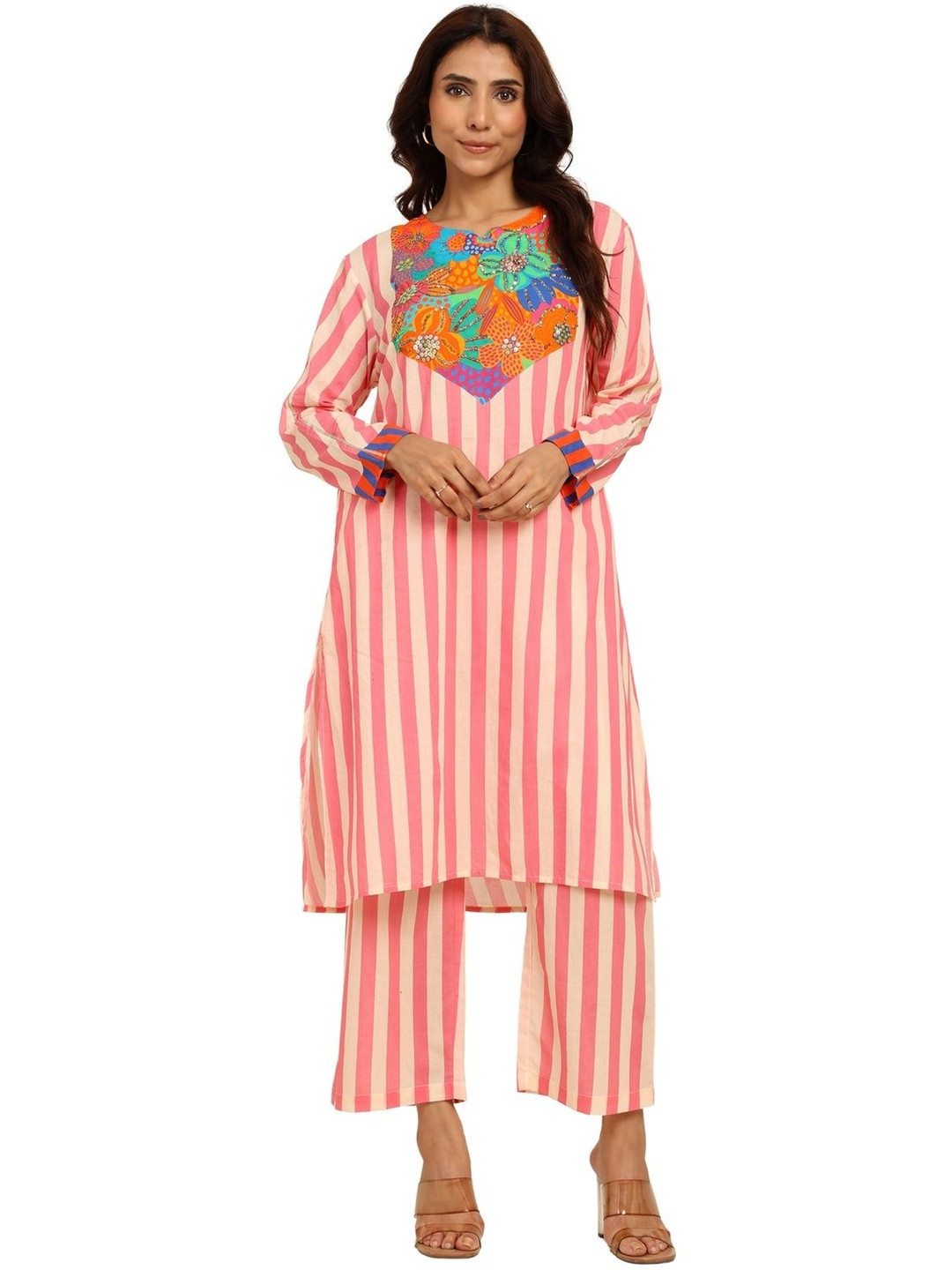 Toscee Women Pink Bold Striped Round Neck Regular Pure Cotton Kurta Sets