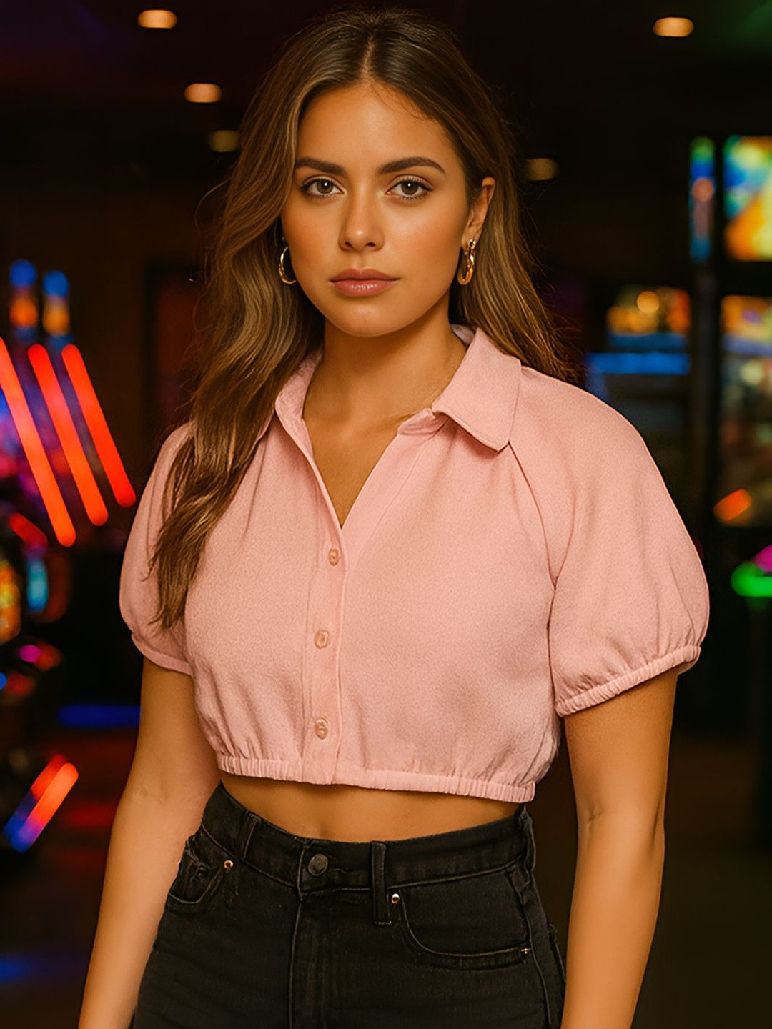don't be basic Women Solid Puff Sleeve Shirt Style Crop Top