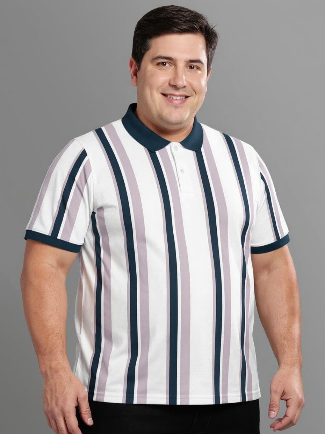 BULLMER Plus Size Striped Polo Collar T-shirt