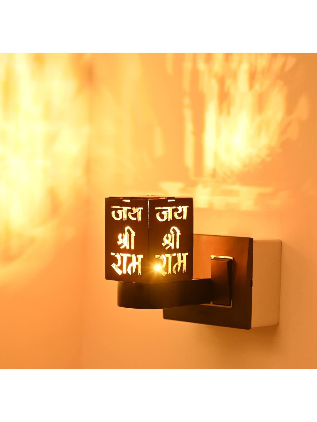 1ST TIME Brown Wooden Square Jai Shri Ram Engraved Wall Lamp