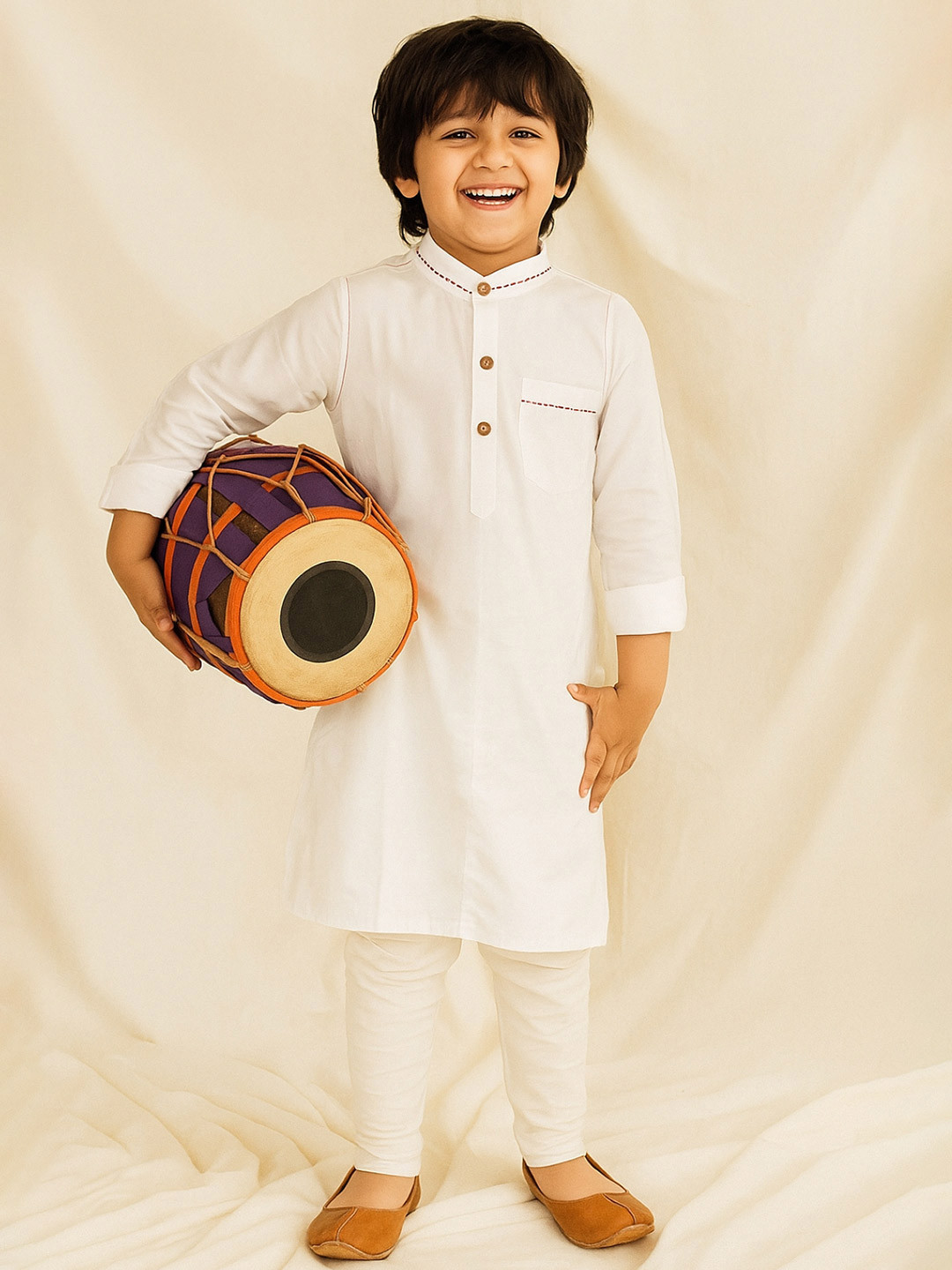 TALES & STORIES Boys White Mandarian Collar Long Sleeve A-line Solid Kurta