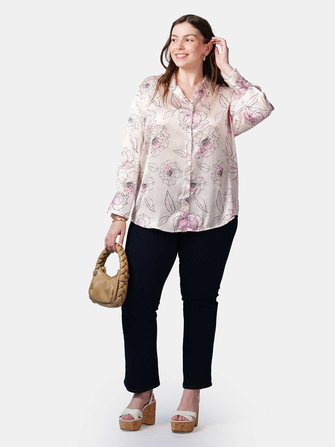 Virgio Women Floral Printed Spread Collar Long Sleeves Plus Size Casual Shirt