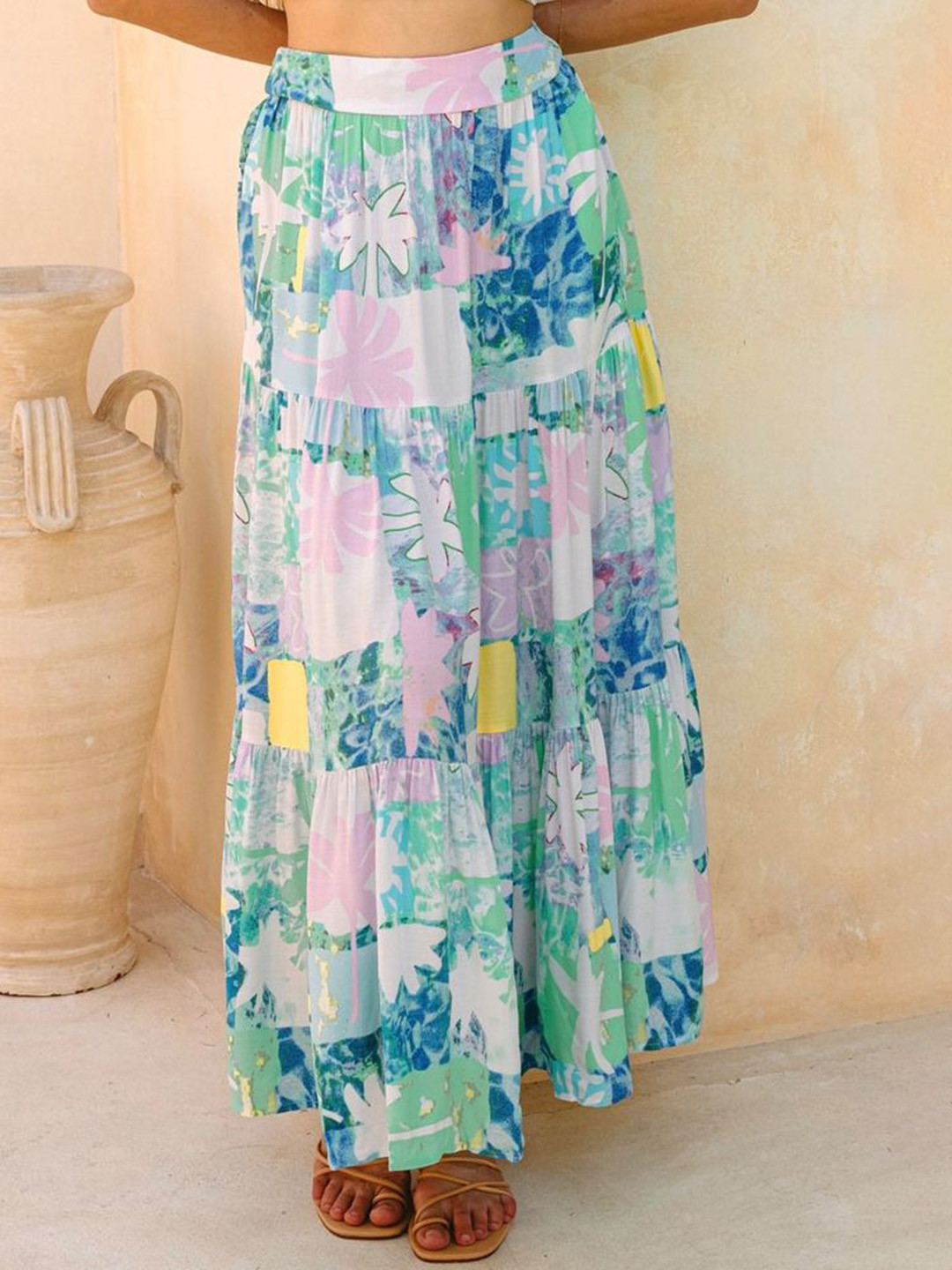LULU & SKY Women Tropical Printed High-Rise Tiered Maxi Skirt