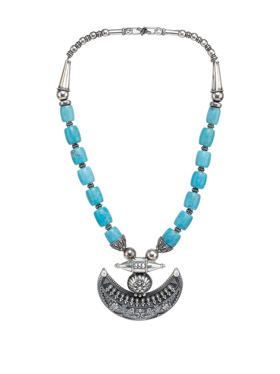 Exotic India Sterling Silver Turquoise Stone Studded Crescent Shaped Necklace