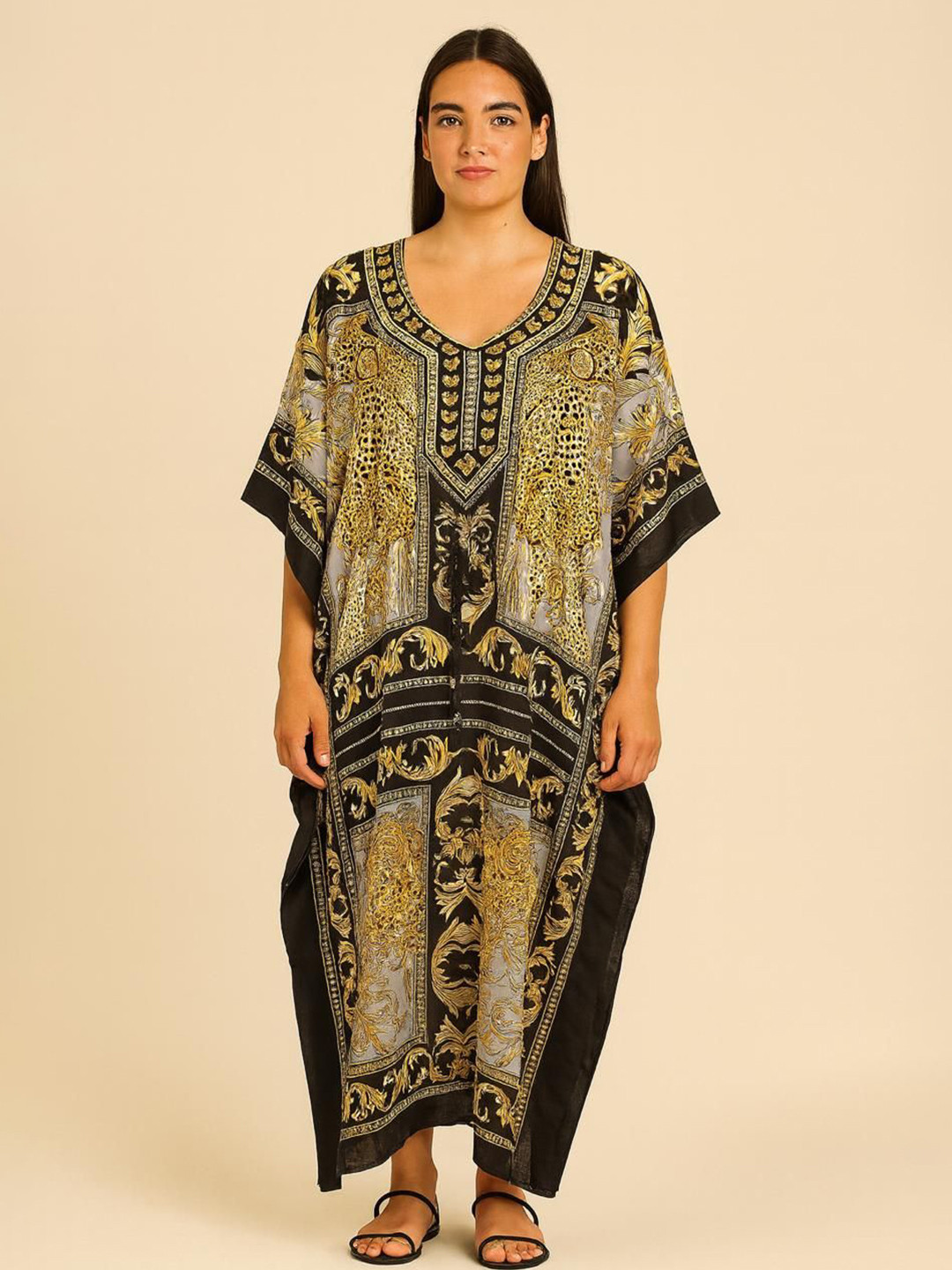 DESIGN ELEMENTS Women Printed Kimono Sleeve Slits Detail Kaftan Maxi Dress