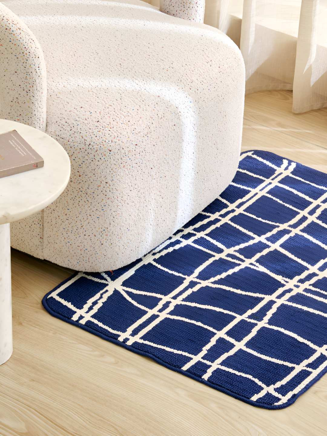 Home Centre Nicolas Orah Blue & White Printed Knitted Dhurrie