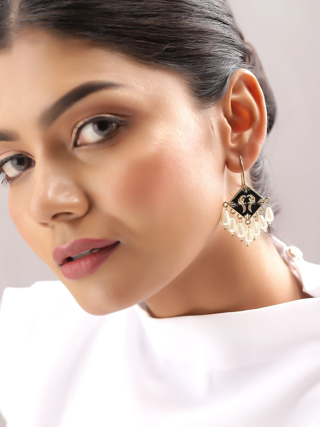 Ishin Gold Plated Pearls Studded Diamond Shaped Drop Earrings
