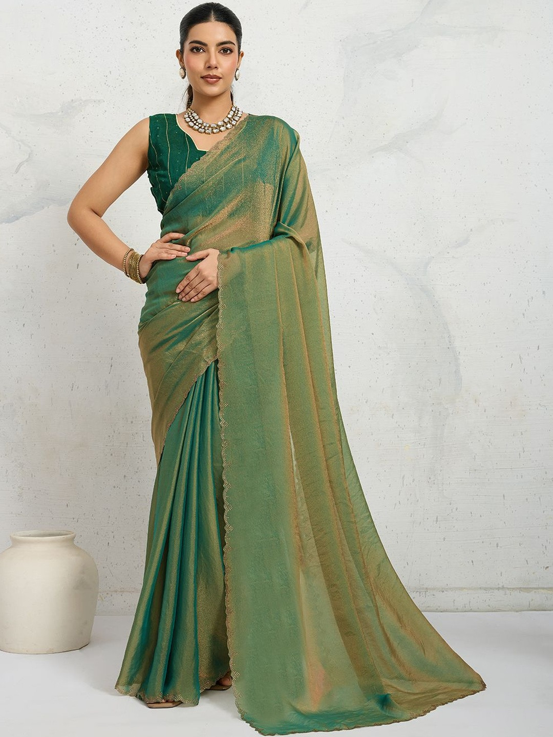 100 Dreams Women Pure Crepe Solid Beads and Stones Saree