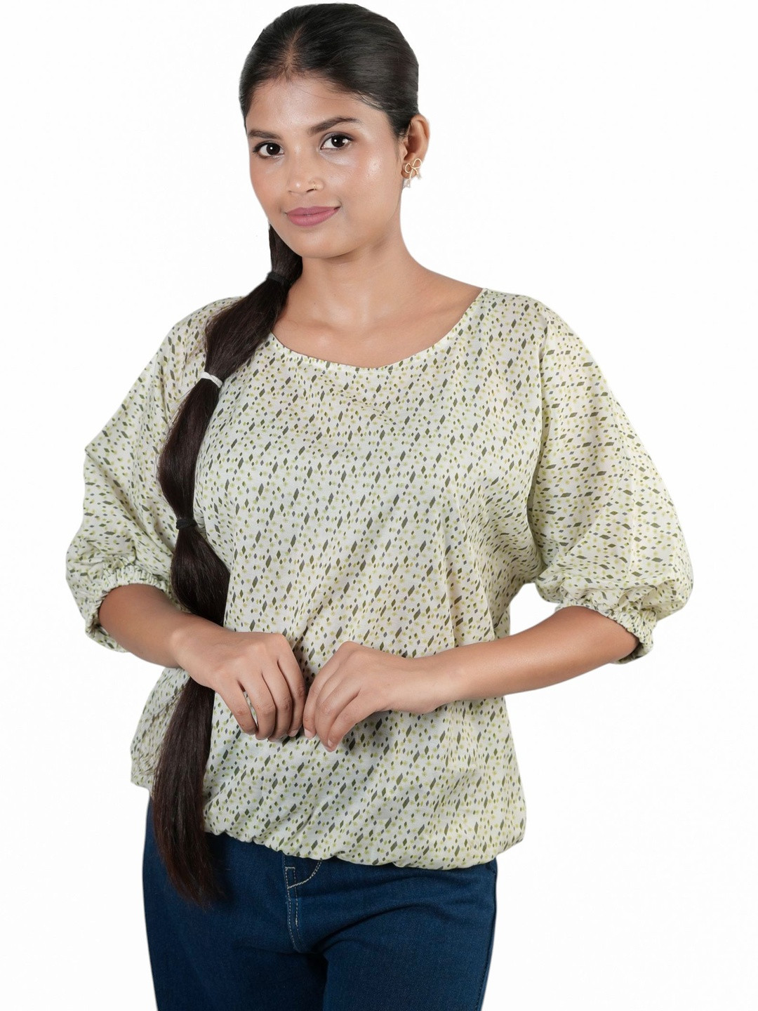 PALL&WE Women Abstract Print Puff Sleeve Cotton Top