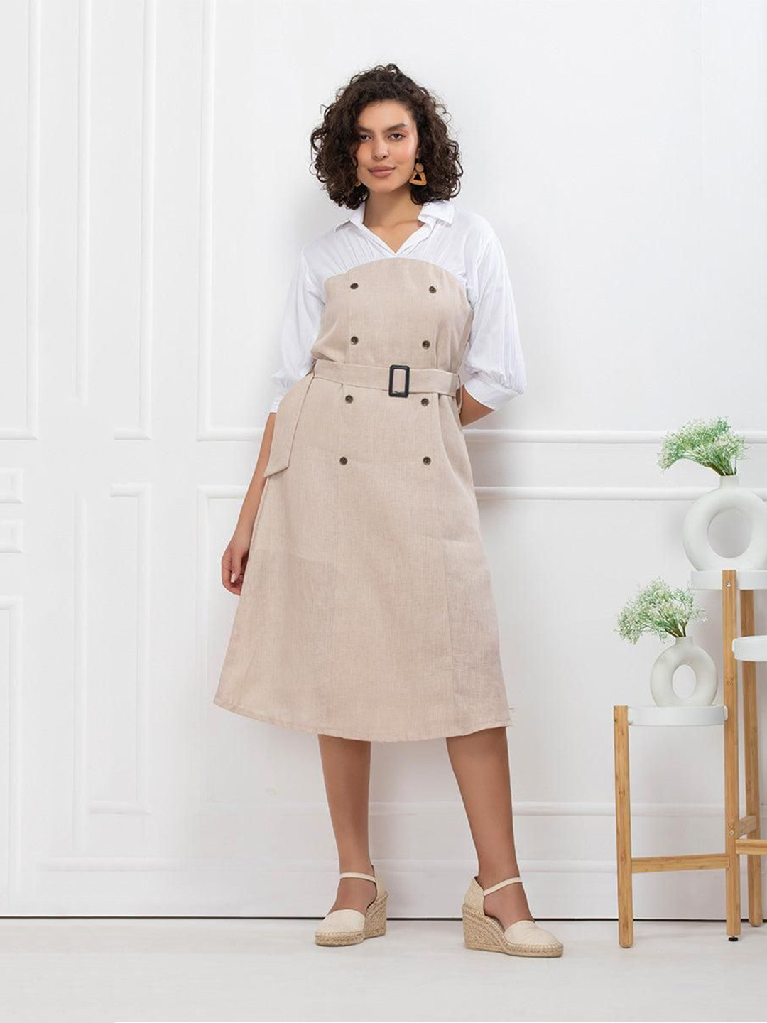 House of Abeena Women Solid Belted Waisted A-Line Midi Korean Collection Dress