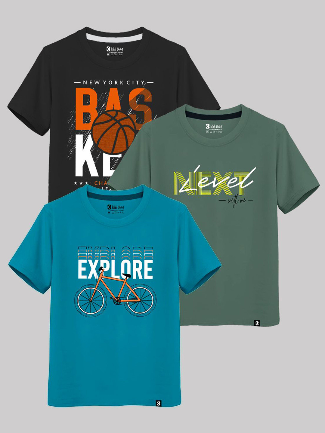 Kids Pack of 3 Basket Boys Typography Printed Round Neck T-shirts
