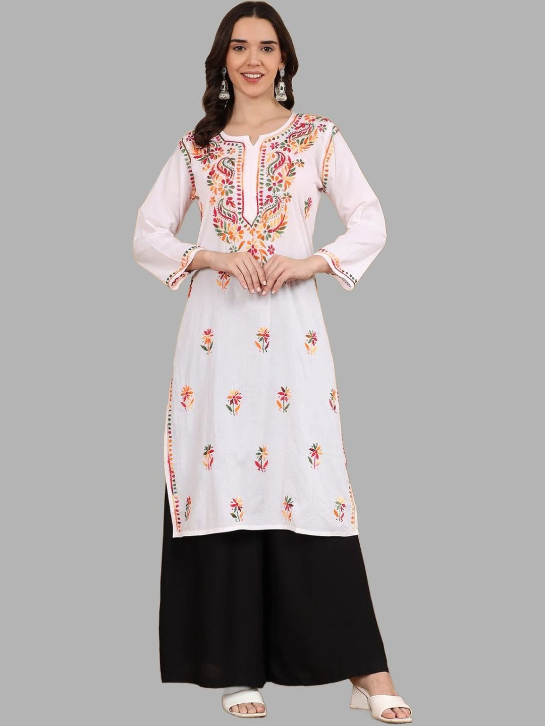 MALABIS Women White Tawoos Straight Cotton Chikankari Embroidery Long Kurti