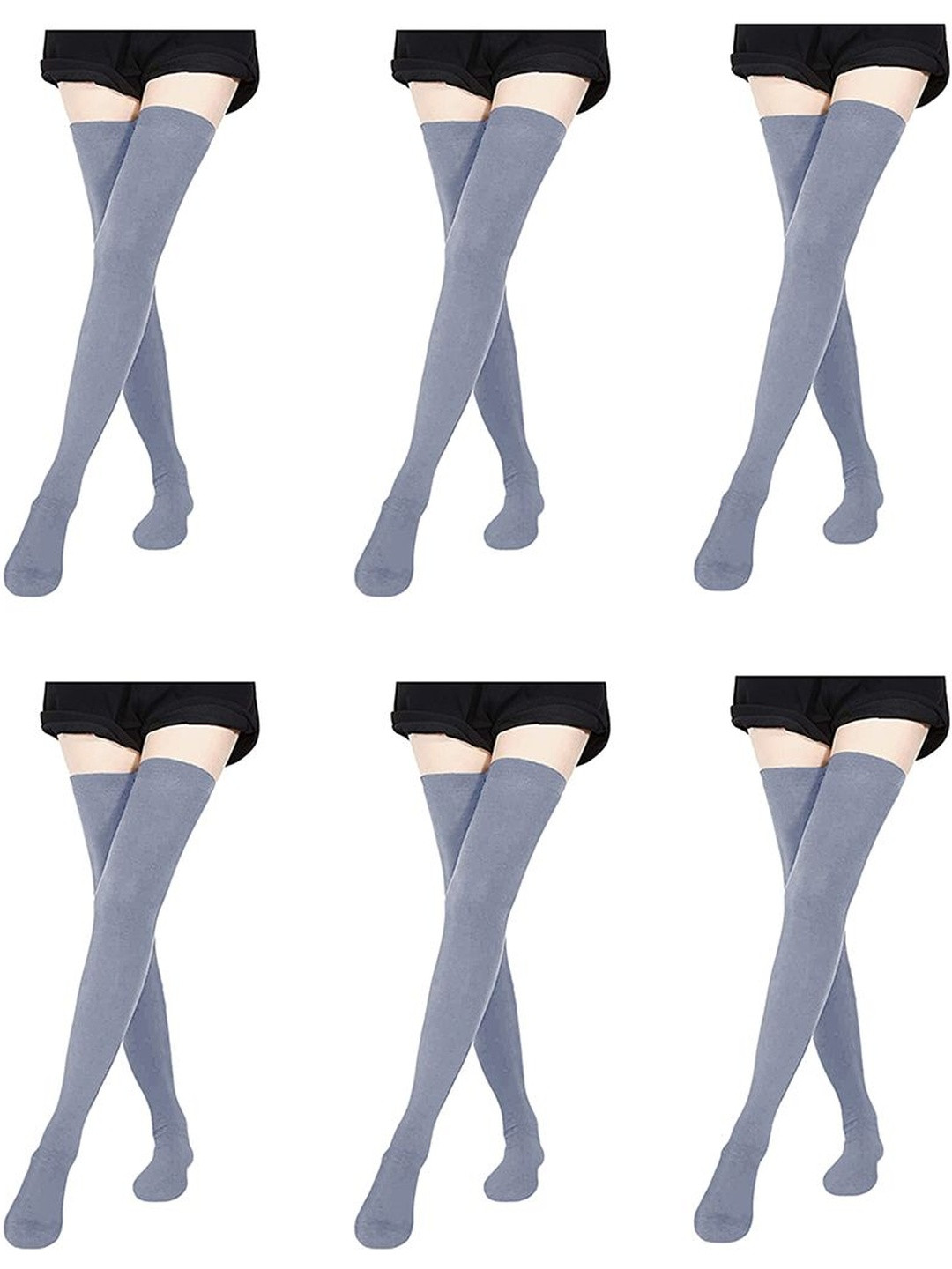 MUKHAKSH Women Pack of 6 Grey Cotton Thigh High Stocking Socks