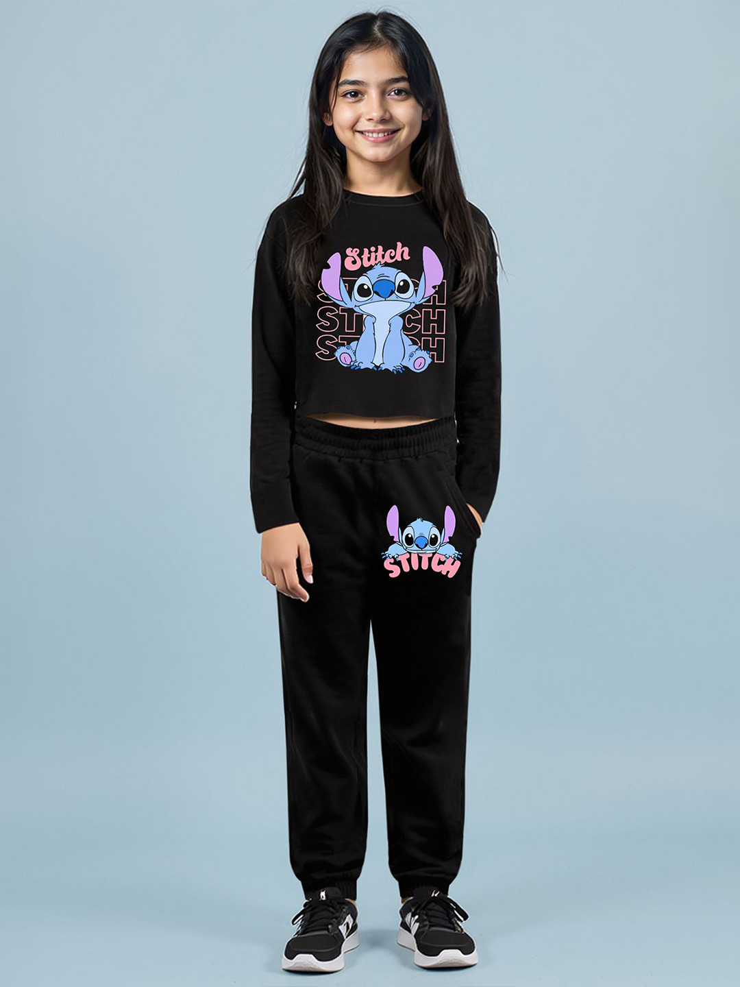 YK Disney Girls Stitch Printed Crop T-Shirt With Joggers