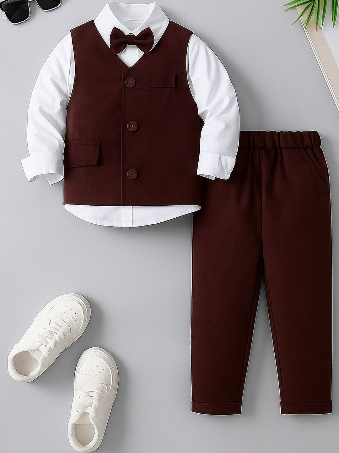 TOGEPI Boys Pure Cotton Maroon Formal Suit Set With Bow Tie