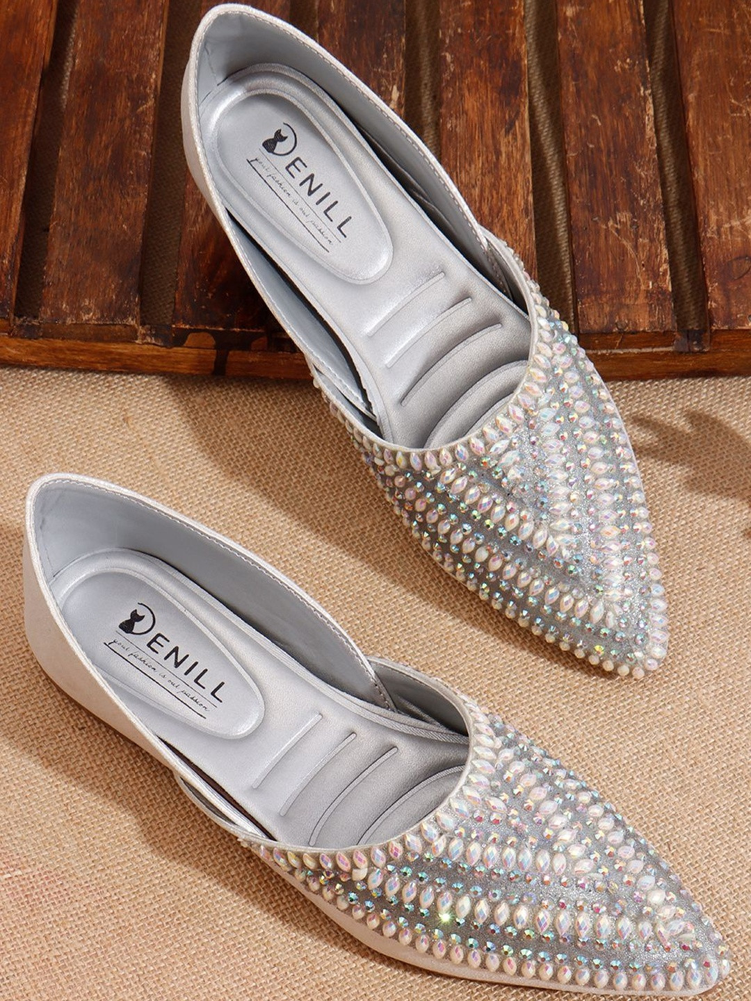 Denill Women Golden Rhinestone Slip-On Ballerinas