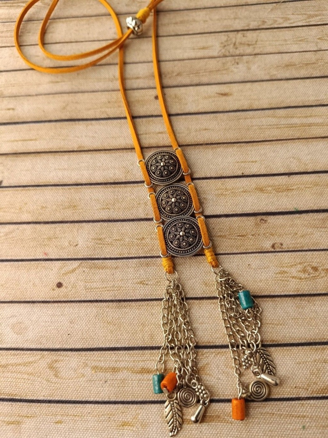 JewelSana Women German Silver Oxidised Metal Charms With Brown Cord Necklace