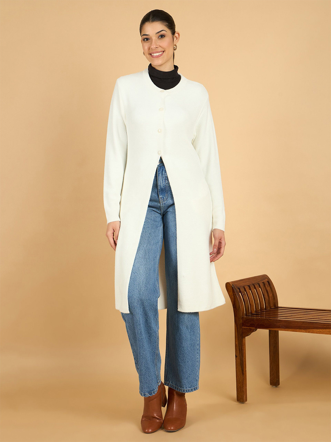 CLAPTON Women Solid Round Neck Clapton Hair Woollen Longline Cardigan Sweater