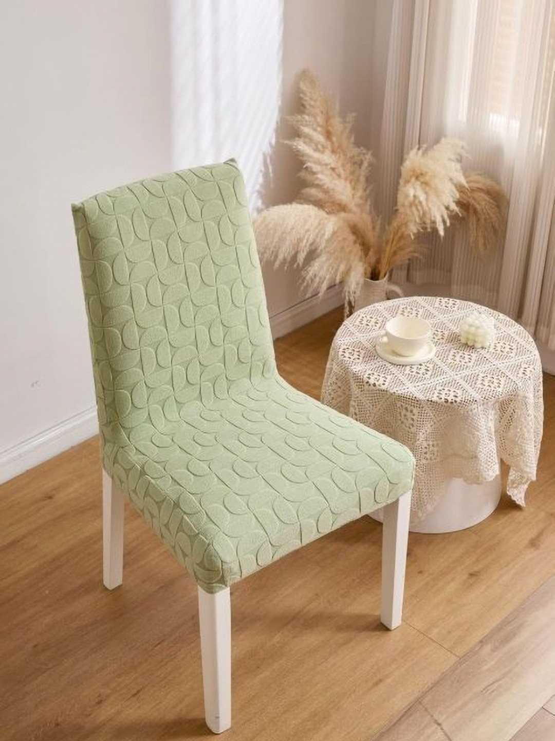 HOMETHREADS Green Self Designed Jacquard Stretchable Chair Covers