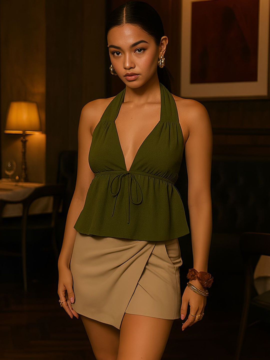 don't be basic Women Solid Halter Neck Peplum Crop Top