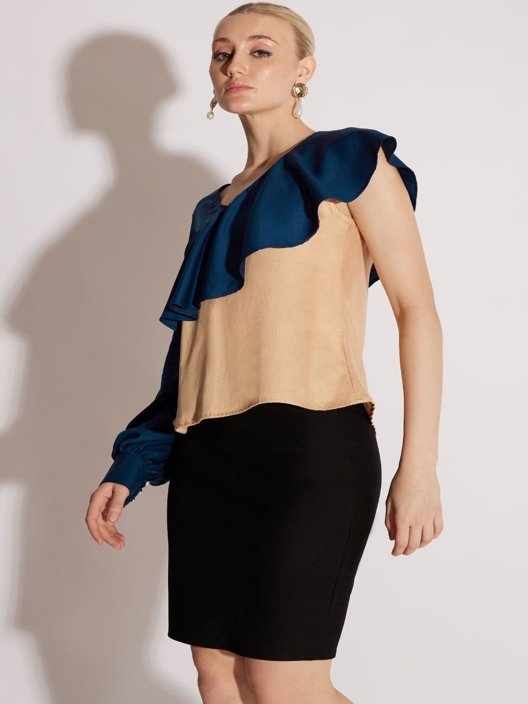 Mismatchd Cotton Asymmetrical Ruffle Sleeve Top