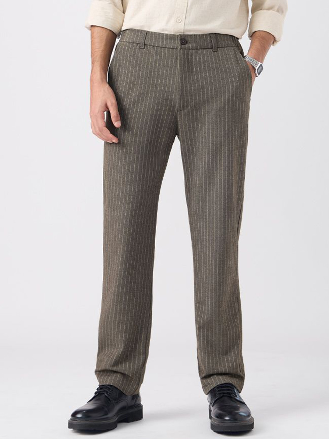 The Souled Store Men Super Pants: Brown Stripes Regular Fit Mid-Rise Formal Trouser