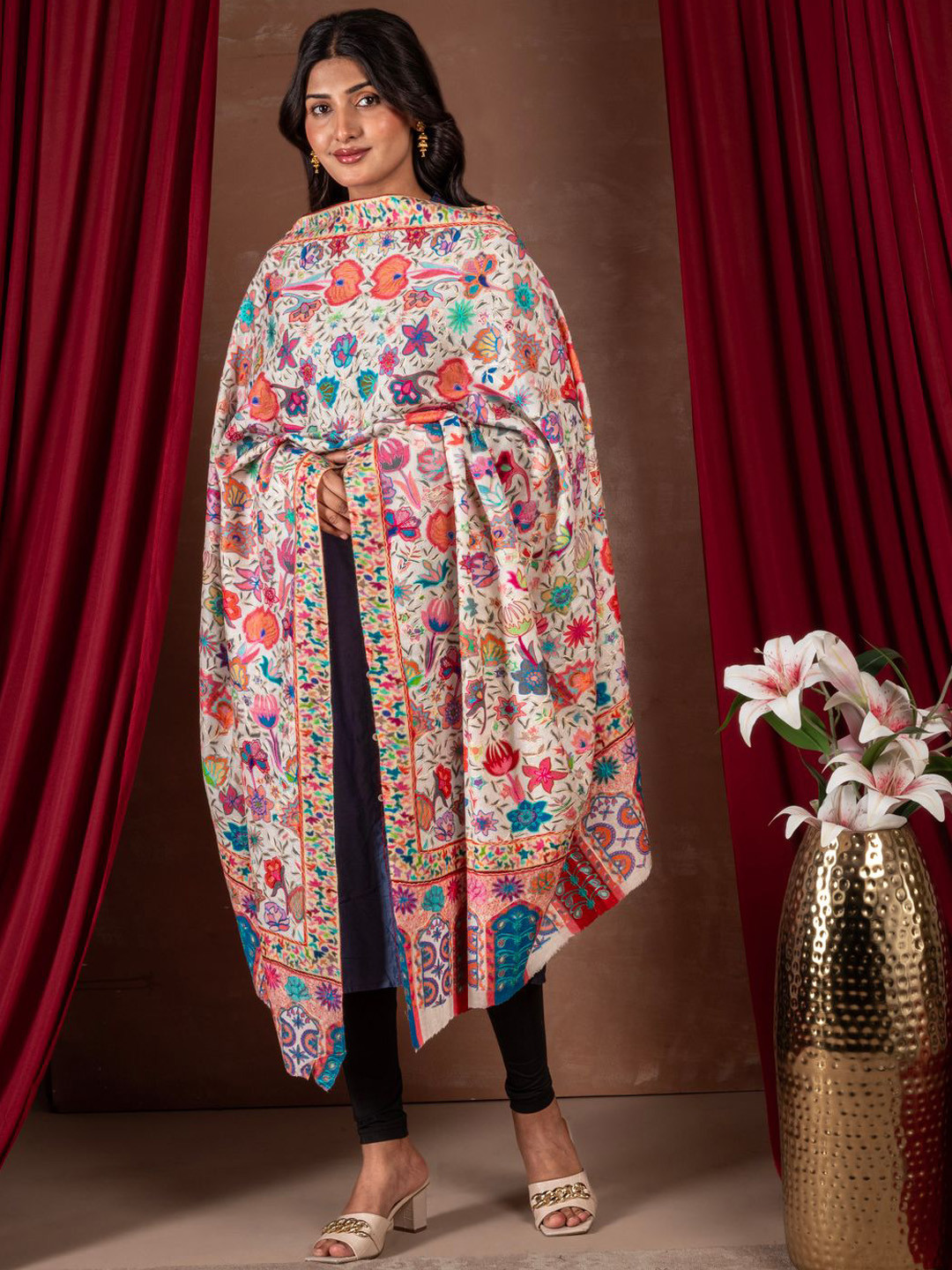 Naureen Floral Kalamkari Embroidered Shawl